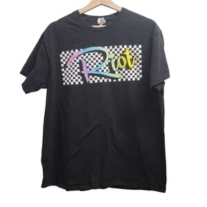 Riot T Shirt Graphic Retro Style Checkered Neon Print Black Size L